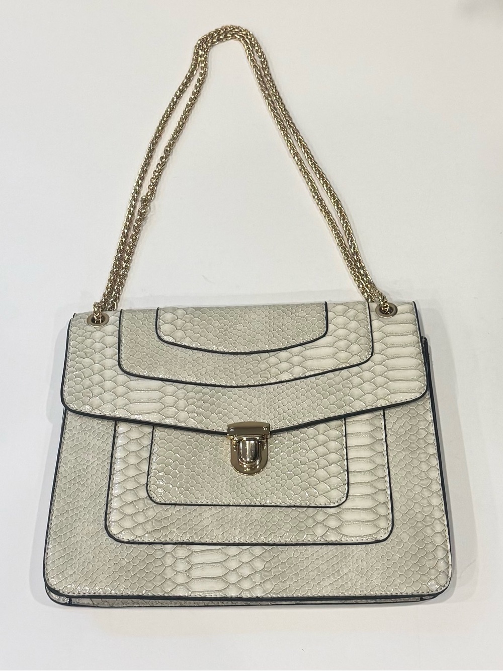 Women’s Faux Snakeskin Chain Strap Shoulder Bag Cream Embossed Handbag